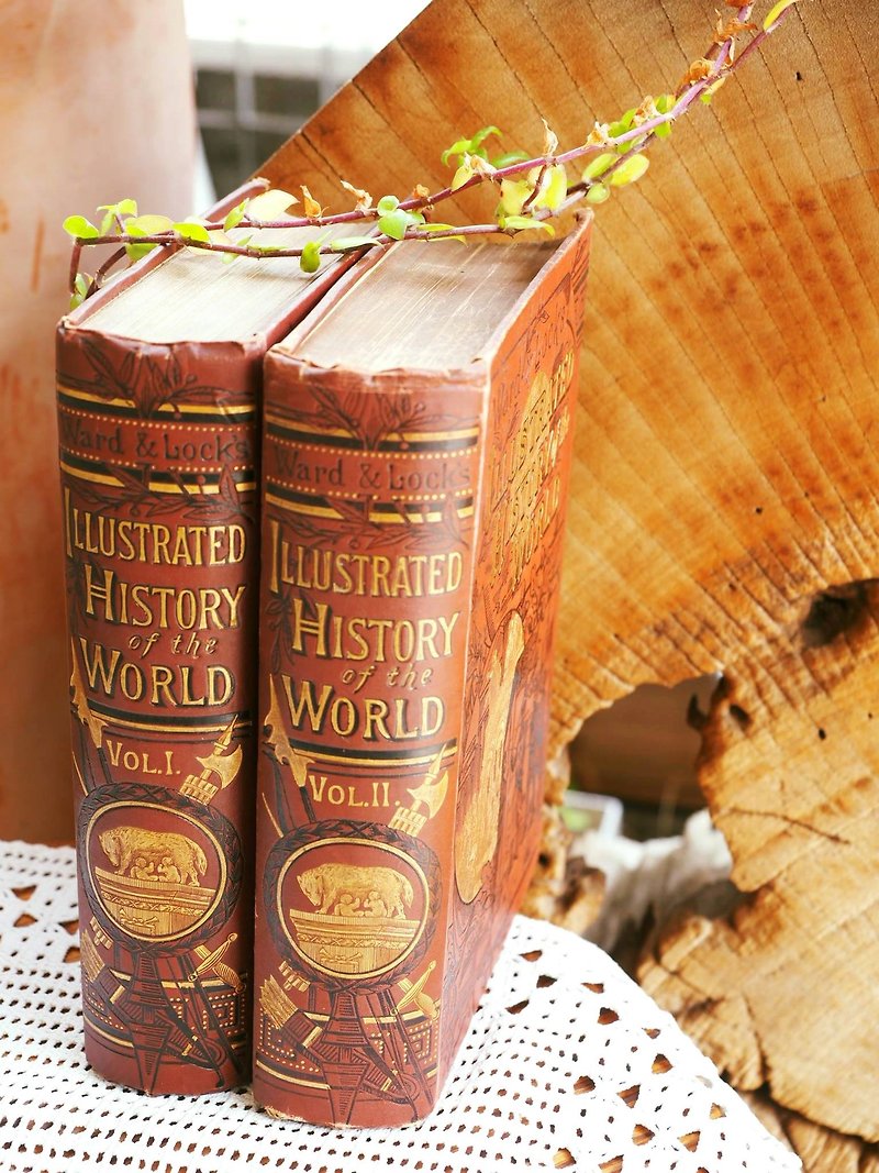 British antique hardcover bronzing embossing world history book a total of two volumes JS - Indie Press - Paper Red