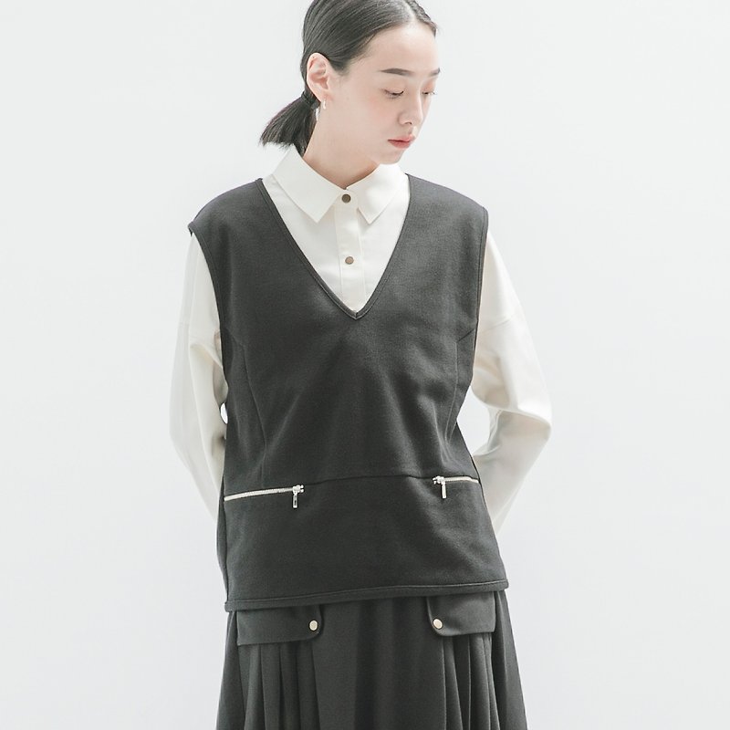 [Classic original] Calm_Xiao Mo knitted vest_CLT505_black - เสื้อกั๊กผู้หญิง - ผ้าฝ้าย/ผ้าลินิน สีดำ