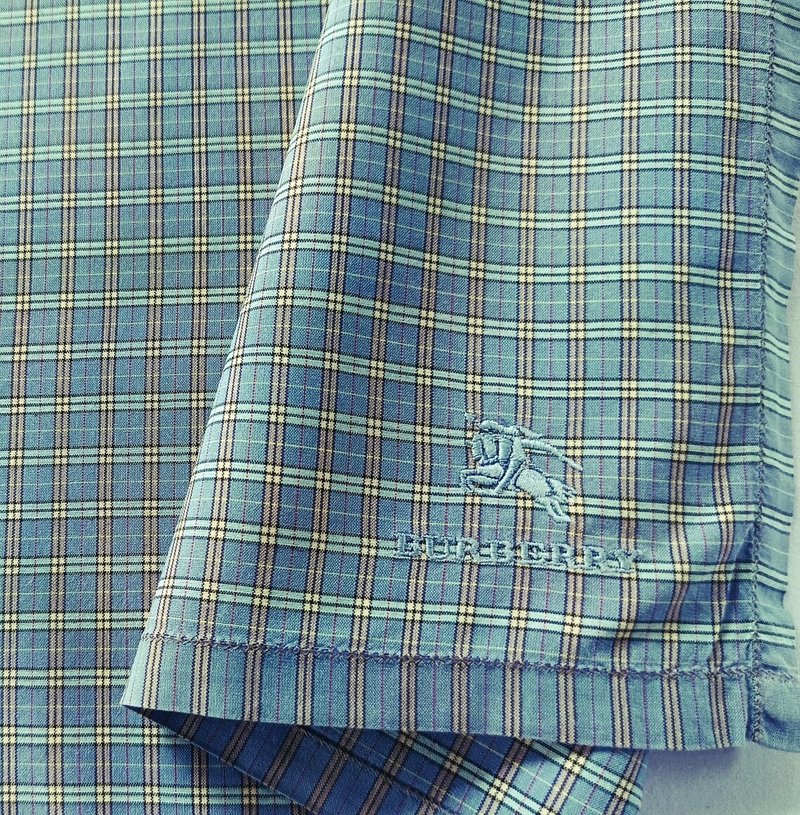 Burberry Vintage Handkerchief Blue Plaid Men Pocket Square 18.5 x 18 inches - 手帕 - 棉．麻 藍色