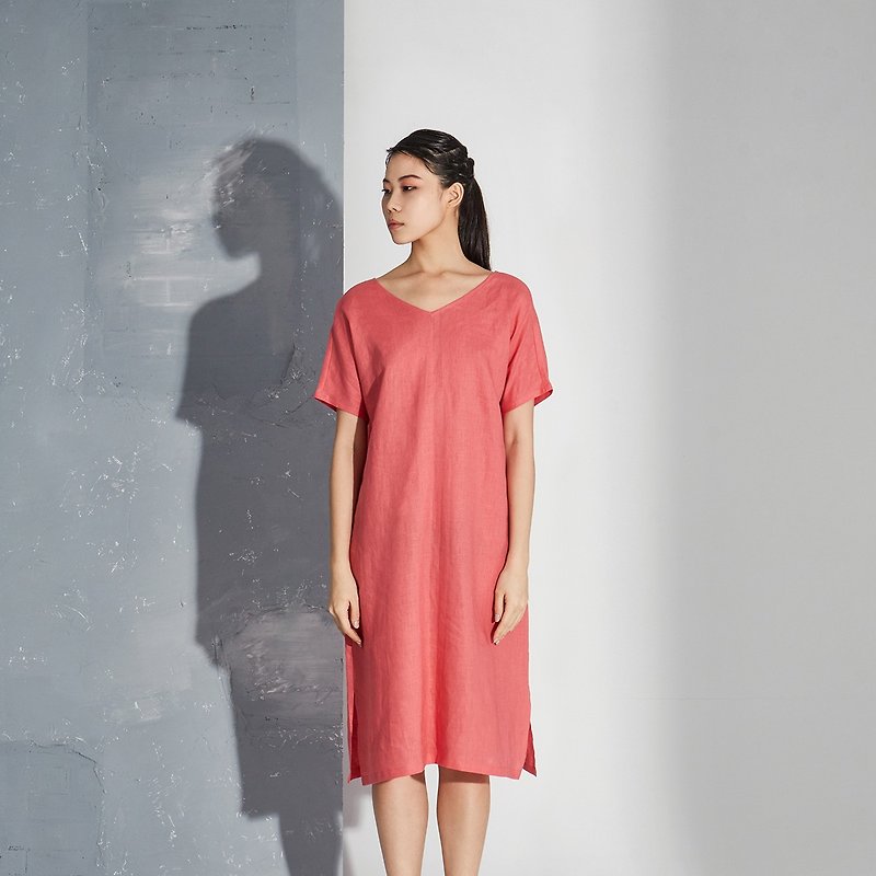 【In stock】Watermelon red  linen v-collar dress - One Piece Dresses - Cotton & Hemp Red