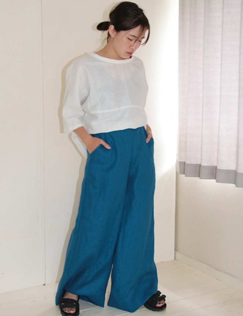 リネンのフレアワイドパンツ、ブルー - 女長褲 - 棉．麻 