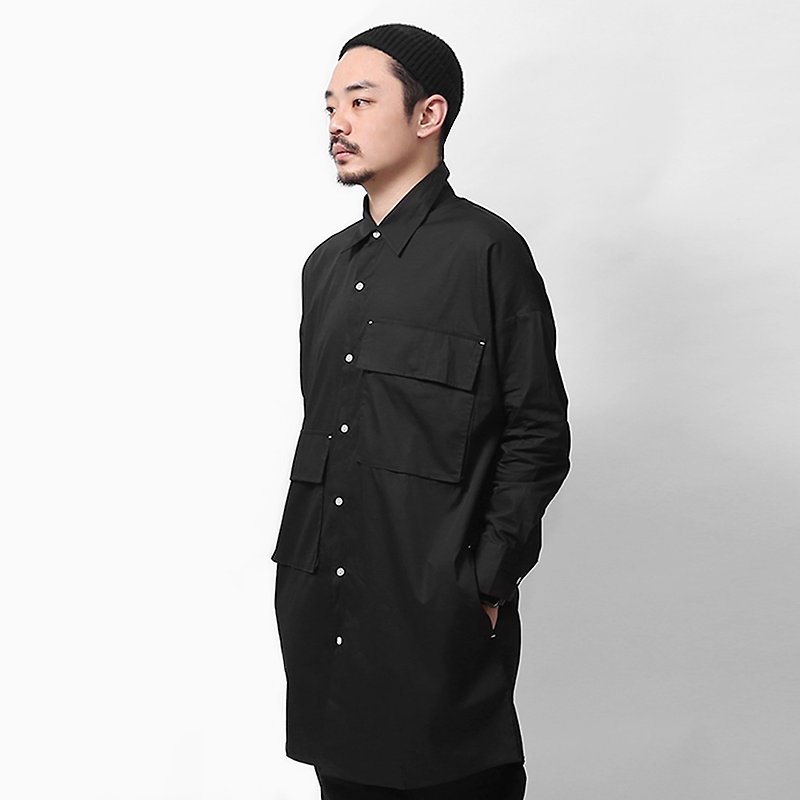 [Ionism] large pocket long shirt black - เสื้อเชิ้ตผู้ชาย - ผ้าฝ้าย/ผ้าลินิน สีดำ