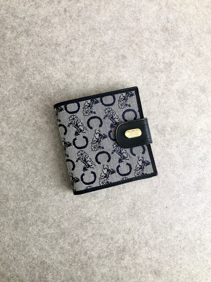 【 日本直送　名牌中古包 】CELINE セリーヌ Cマカダム 財布 ネイビー 馬車 ジャガード 二つ折り財布 vintage ヴィンテージ rrcn43 - 錢包/皮夾/長短夾 - 棉．麻 藍色