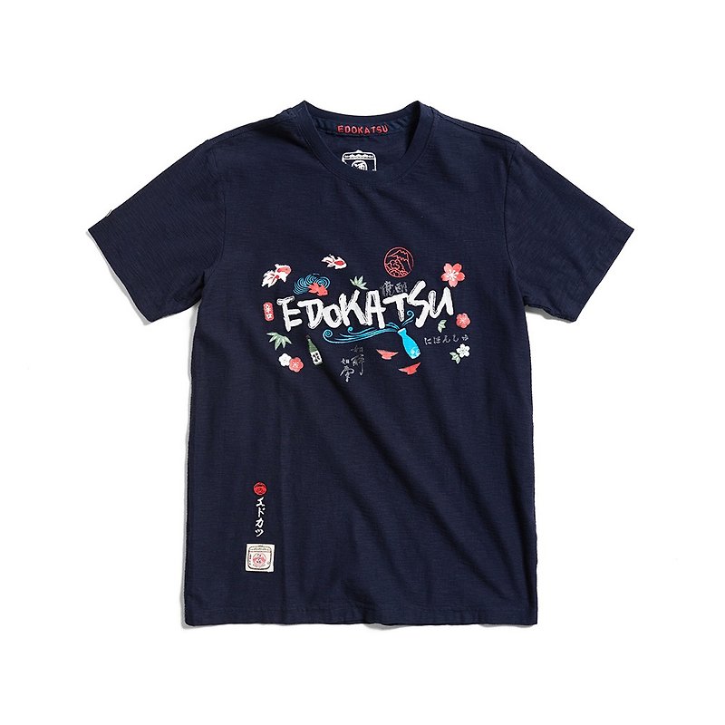 江戸勝 和風マルチテーマ半袖Tシャツ メンズ (3フィートブルー) #トップ - Tシャツ メンズ - コットン・麻 ブルー