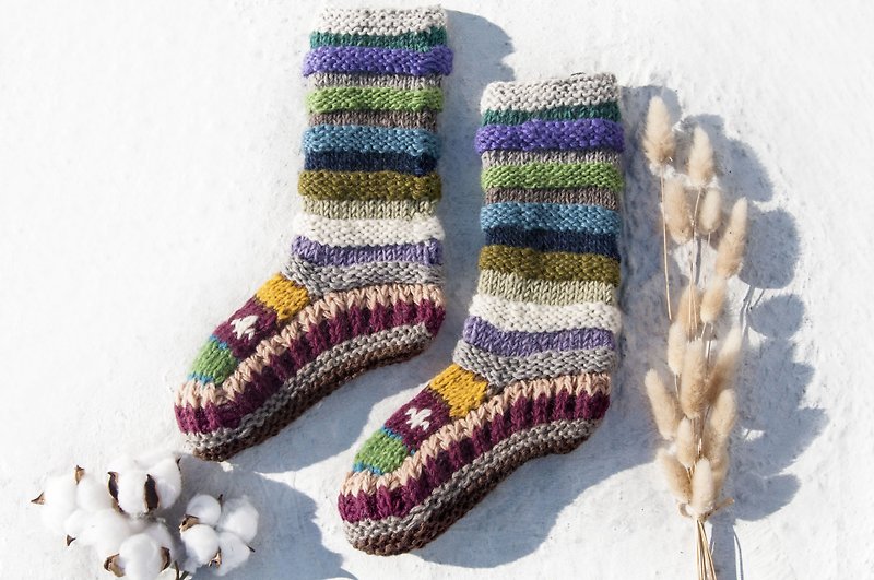 Hand-knitted woolen knit socks/striped socks/wool crocheted stockings/warm woolen socks-Nordic Fair Isle cake color - Socks - Wool Multicolor