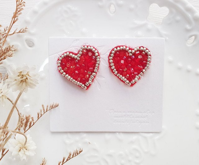 ハートトゥハートレッドラブ手刺繍ビーズイヤリングリング - ショップ