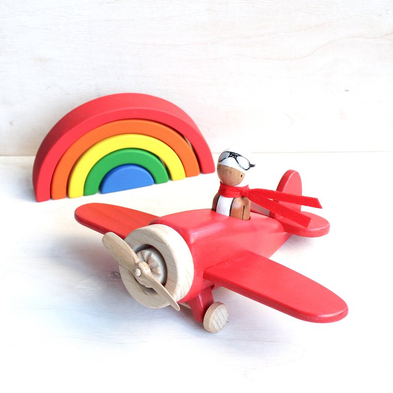 Pilot and RED plane gift Wood peg doll Airplane Wooden Toy Rainbow Stacker Kids