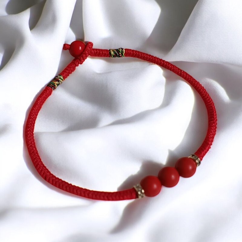 極簡晶石系 紅硃砂三石手環 蠟線金剛結 扣珠款 - 手鍊/手環 - 其他材質 紅色