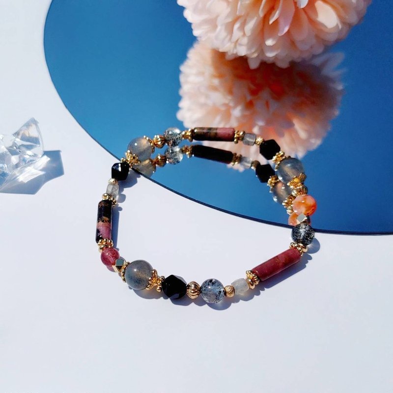 日式屏風。玫瑰石 拉長石 黑草莓 14K包金 水晶礦石設計手鍊 - 手鍊/手環 - 水晶 黑色