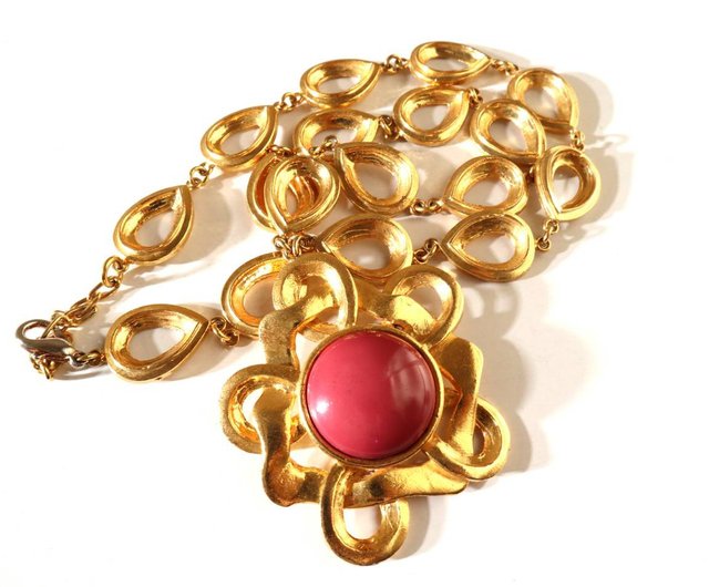 CARITA Paris 80s vintage gold pink flower pendant necklace Shop