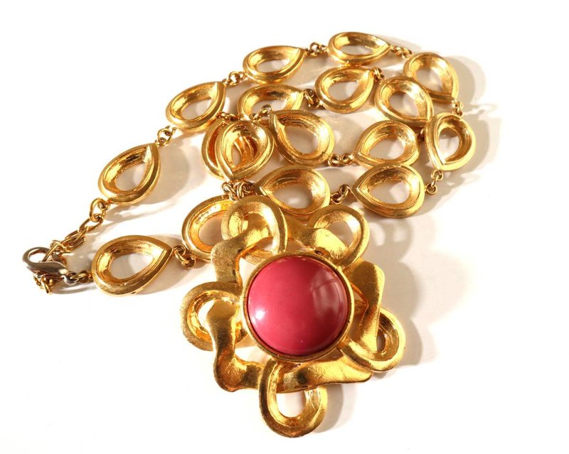 CARITA Paris 80s vintage gold pink flower pendant necklace - สร้อยคอ - โลหะ สีทอง