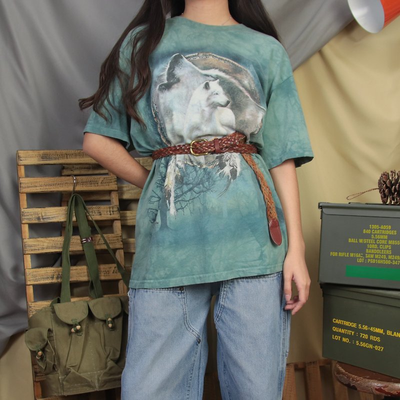 The Mountain Vintage Green Tee 007 Wolf Short Sleeve T-Shirt [Tsubasa.Y 古 着 屋] - Women's T-Shirts - Cotton & Hemp Green