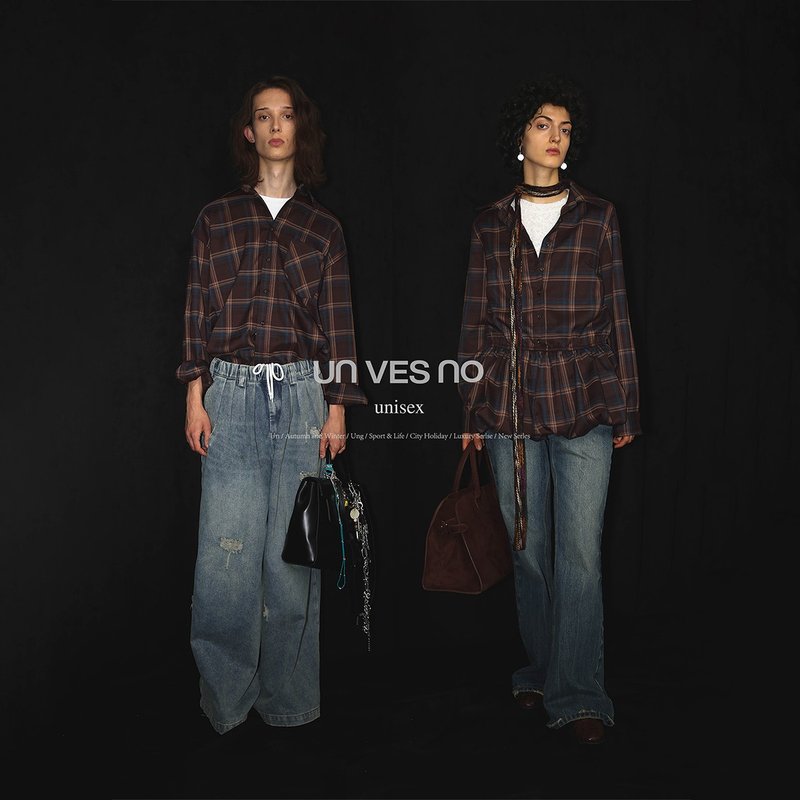 【兩種版型】Unvesno(UN) 復古格紋寬松長袖襯衫花苞蓬蓬裙連衣裙 - 男襯衫/休閒襯衫 - 其他材質 