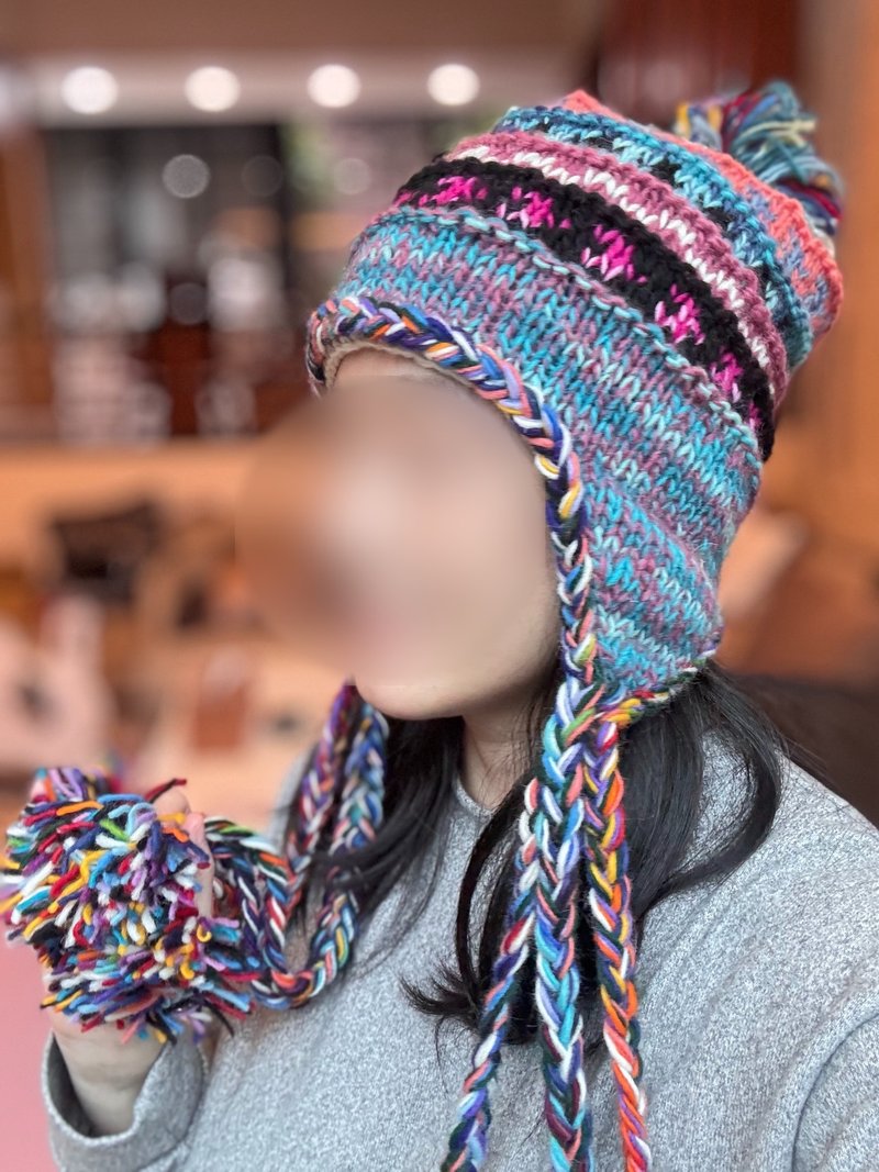 輕粉藍色七球純羊毛線手工編織全襯防風毛帽子護耳帽保暖交換禮物 - 帽 - 羊毛 藍色