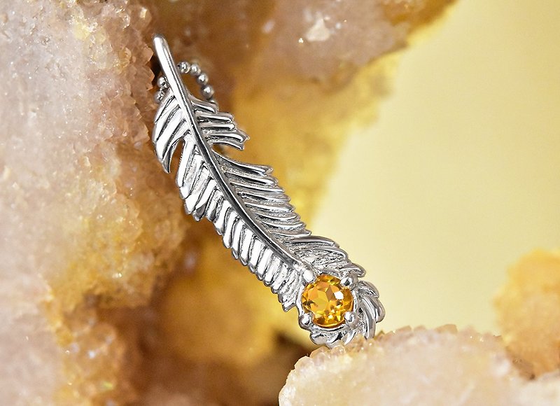 November Birthstone Natural Citrine 18K Gold 925 Silver Sparkling Feather Necklace - Necklaces - Other Metals Silver