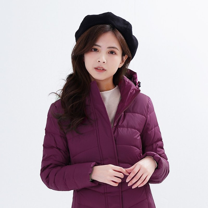 Women's long windproof and water-repellent hooded down jacket GJ22026 purple - เสื้อแจ็คเก็ต - เส้นใยสังเคราะห์ สีม่วง