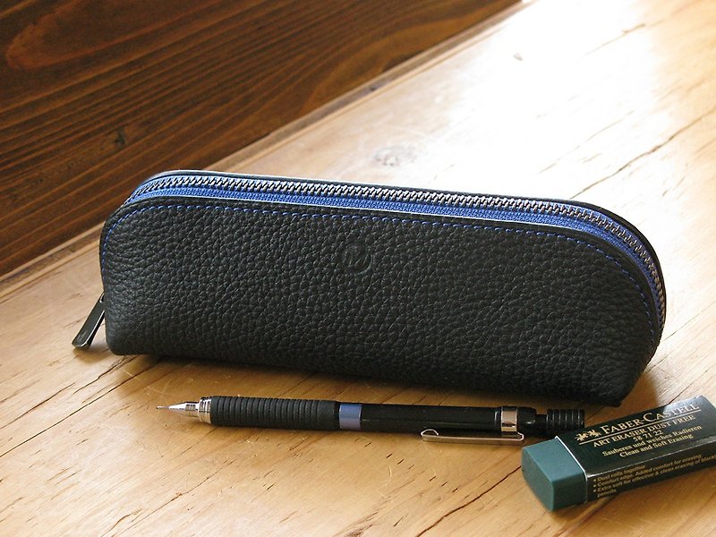 Pen case 005 Black Blue - กล่องดินสอ/ถุงดินสอ - หนังแท้ สีดำ