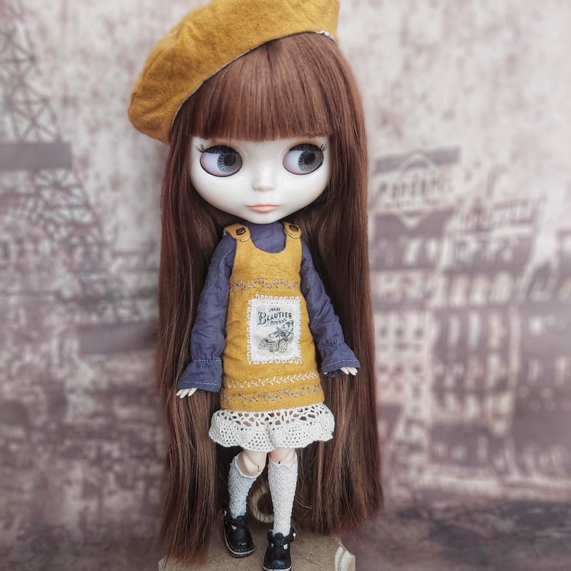 Blythe doll outfit: yellow dress, beret, blouse, socks - Kids' Toys - Cotton & Hemp Yellow