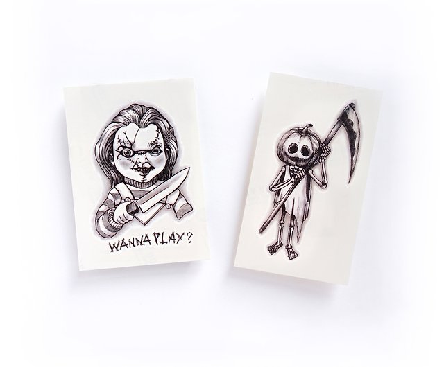 ハロウィーンのタトゥータトゥーステッカーホラー映画赤ちゃんの幽霊が魂に戻る夜の幽霊人形チャッキーカボチャの頭蓋骨の骨 ショップ Lazy Duo Design Store タトゥーシール Pinkoi