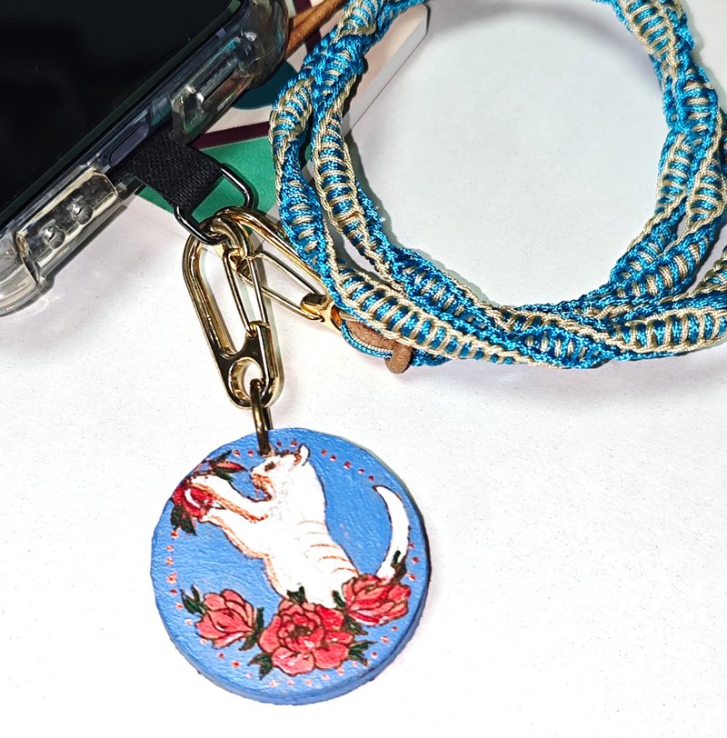 Tabby cat hand-painted leather pendant key chain - Charms - Genuine Leather Brown