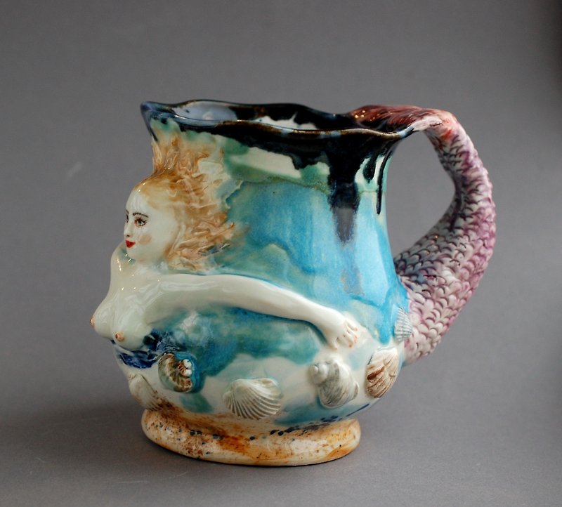 Ceramics art mug Mermaid figurine Blue Porcelain mug Vase with handle Big mug