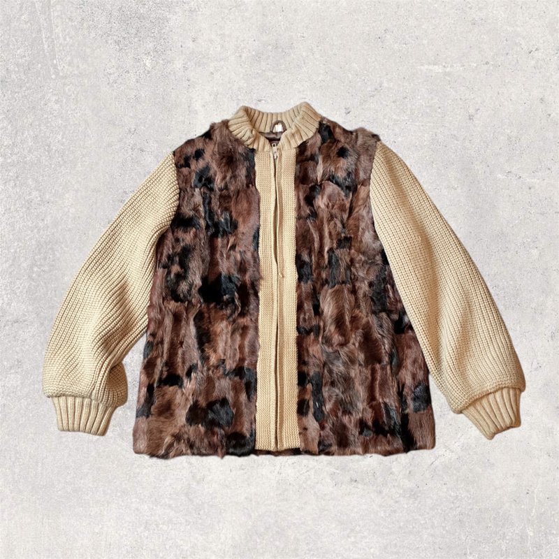 古著 針織拼接動物毛 立領外套 - 女毛衣/針織衫 - 其他材質 