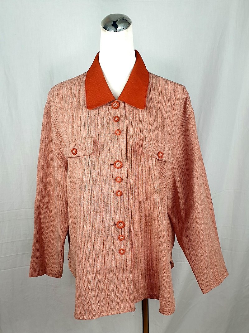 Little turtle Ge Ge-vermilion pinstripe vintage shirt - เสื้อเชิ้ตผู้หญิง - เส้นใยสังเคราะห์ 