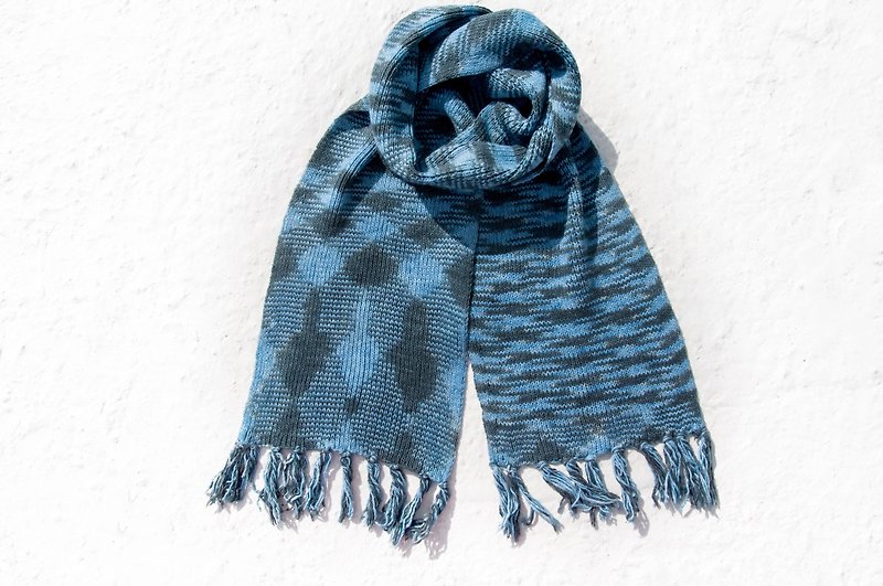 Hand-knit thick cotton scarf / knit scarf / crochet striped scarf / handmade knit scarf - blue gradient - Knit Scarves & Wraps - Cotton & Hemp Blue