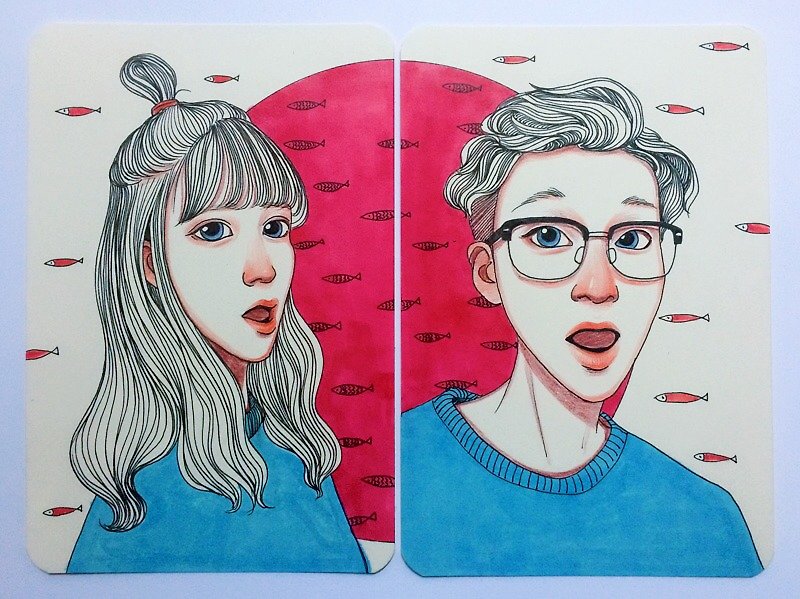 Qinky's Red-painted custom double [Portrait / custom / birthday gift / friendship memorial] - ภาพวาดบุคคล - กระดาษ 