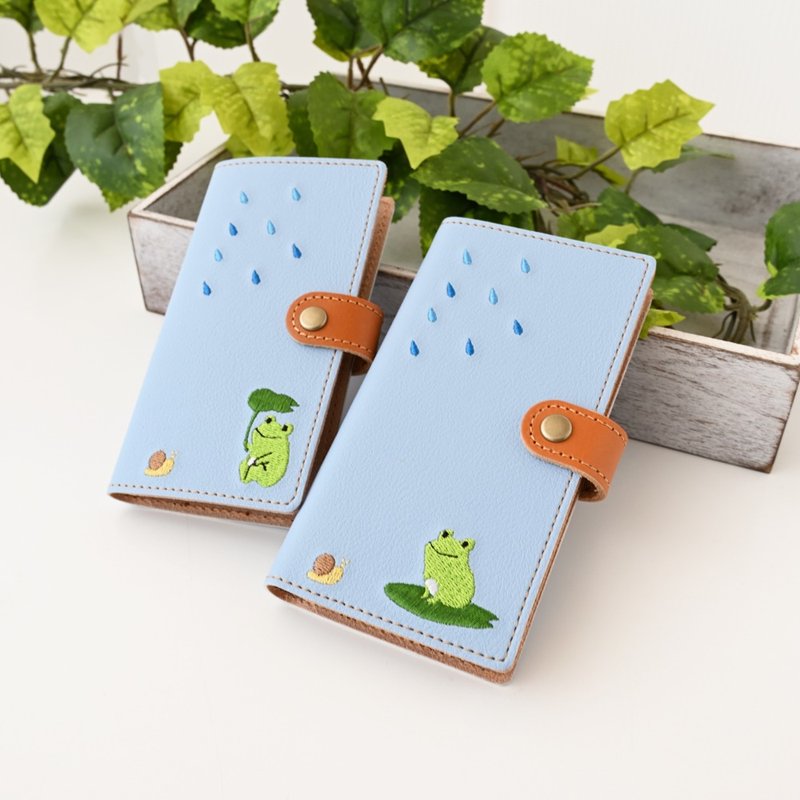 全機種対応 スマホケース 手帳型 【 刺繍 カエル 】 カエルの日 レザー iPhone Android A159I - 手機殼/手機套 - 真皮 藍色