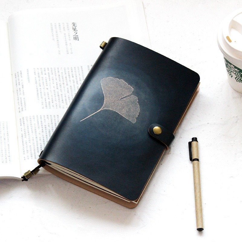 Shanhai blue ginkgo hand book leather notebook diary TN travel book can be customized - สมุดบันทึก/สมุดปฏิทิน - หนังแท้ สีน้ำเงิน