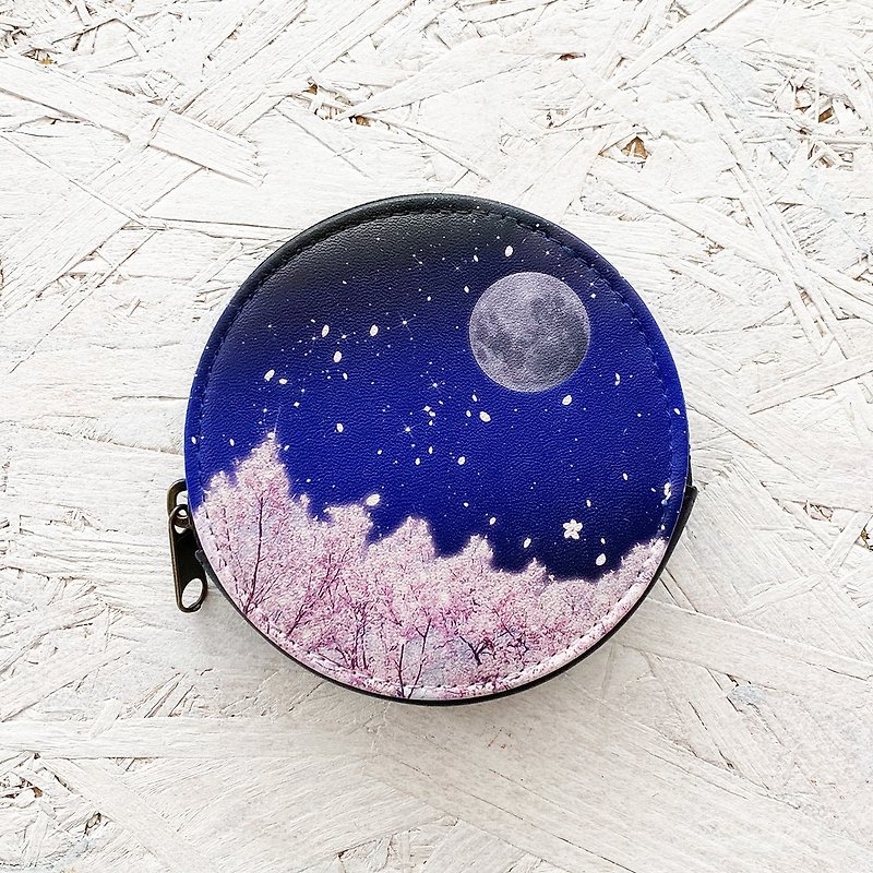 コインケース 夜桜 / 小銭入れ 財布 花 FLOWER 桜 月 満月 - 散紙包 - 人造皮革 藍色