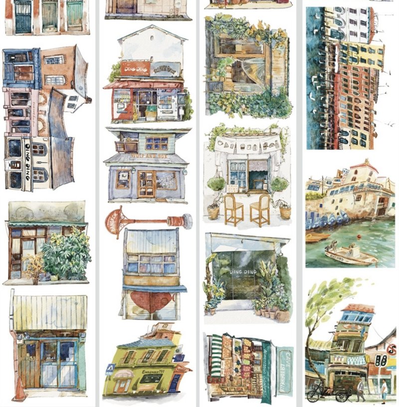 Small House Watercolor Landscape Painting PET Washi Tape 5 Meter Roll - มาสกิ้งเทป - วัสดุอื่นๆ หลากหลายสี