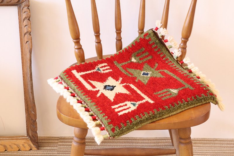 手織り 絨毯 座布団サイズ キリム柄 ハンドメイド ラグ レッド×グリーン - 絨毯・カーペット - その他の素材 レッド