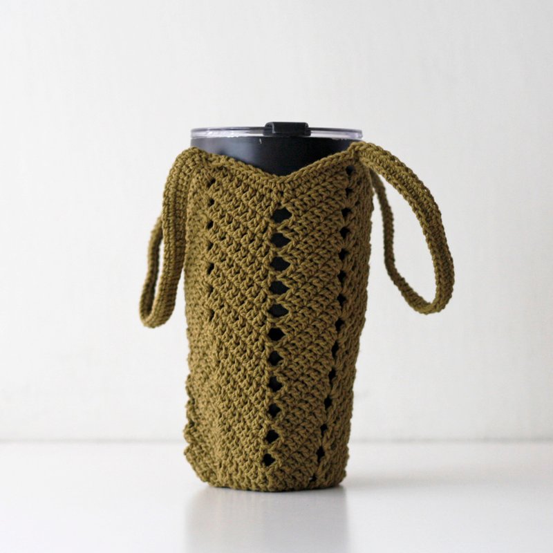 Olive Green-Environmentally Friendly Cup Bag Beverage Bag Water Bottle Bag Handwoven - ถุงใส่กระติกนำ้ - ผ้าฝ้าย/ผ้าลินิน สีเขียว