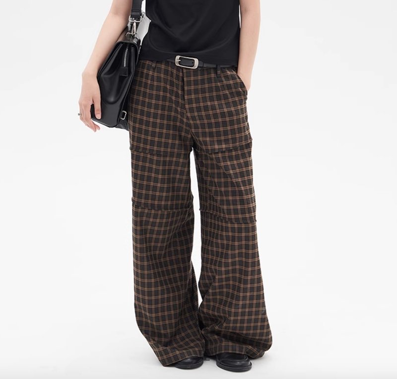 Japanese retro patchwork plaid trousers - กางเกงขายาว - วัสดุอื่นๆ สีนำ้ตาล