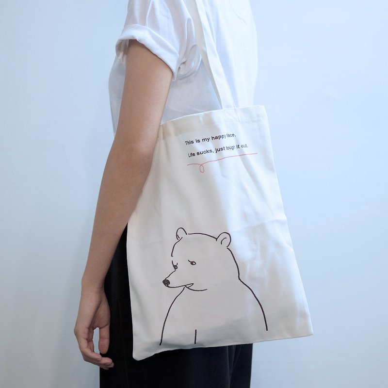 Bear's happy expression - neutral canvas shopping bag - Handbags & Totes - Cotton & Hemp White