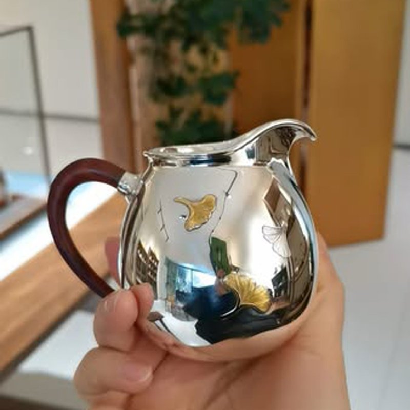 Shangjianpin Pure Silver Fairness Cup Pure Gold Inlaid Ginkgo Silver Tea Sea Purely Handmade 260cc - Teapots & Teacups - Sterling Silver 