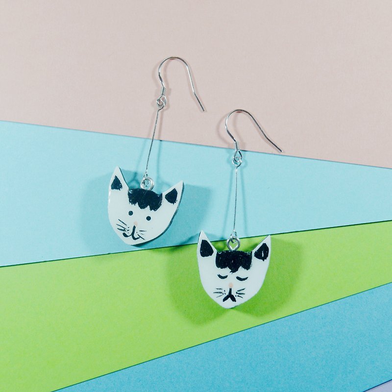Forest fairy tale Mr. Cat double-sided hand-painted kitten long earrings ear clips hand-painted wooden