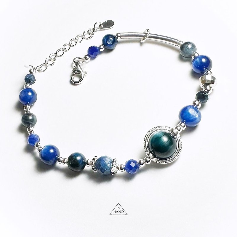 深海的湛藍色調-藍晶石.海藍寶.設計款手鍊 - 手鍊/手環 - 銀 藍色