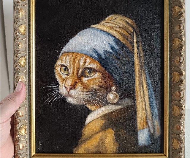 真珠の耳飾りの猫の油絵 20×25 cm - ショップ OlesyaArt