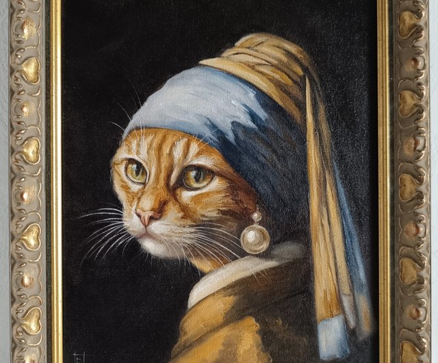真珠の耳飾りの猫の油絵 20×25 cm - ショップ OlesyaArt