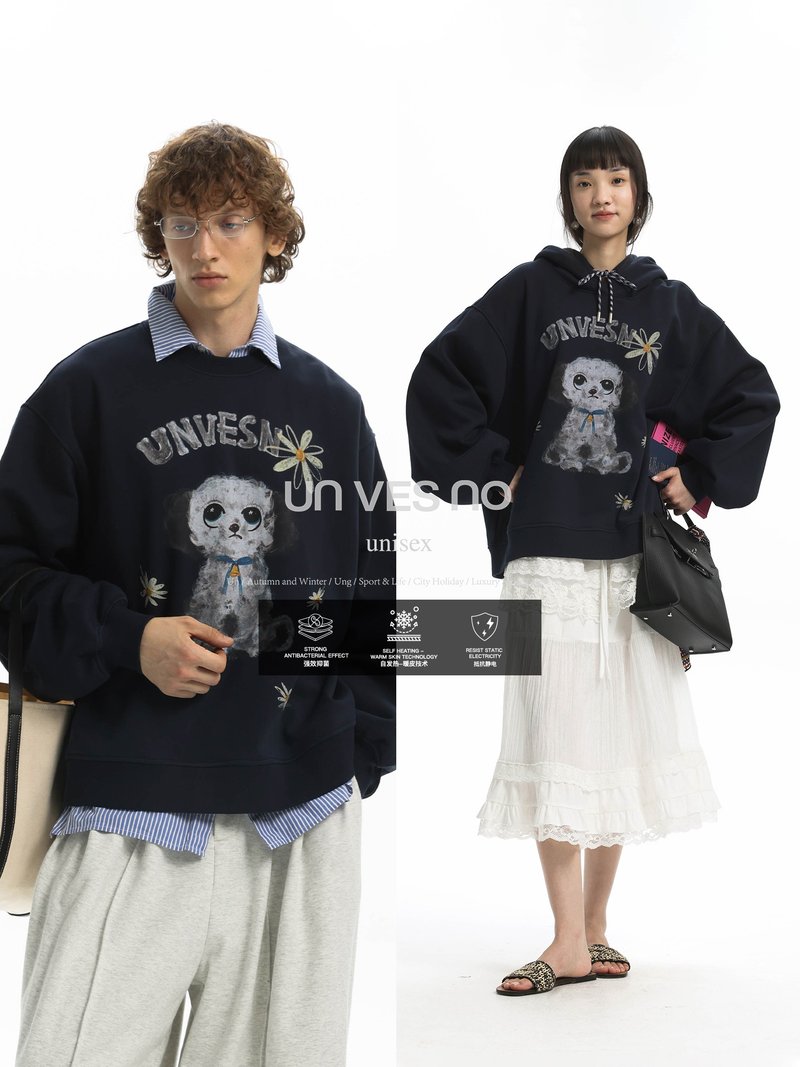 [Plus Velvet] Unvesno (UN) Self-heating antibacterial antistatic retro puppy print crew neck and hoodie - Unisex Hoodies & T-Shirts - Other Materials 