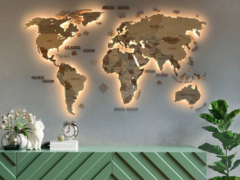 3D wood world map in natural shades Sustainable wall decor with LED - Wall Décor - Wood Brown