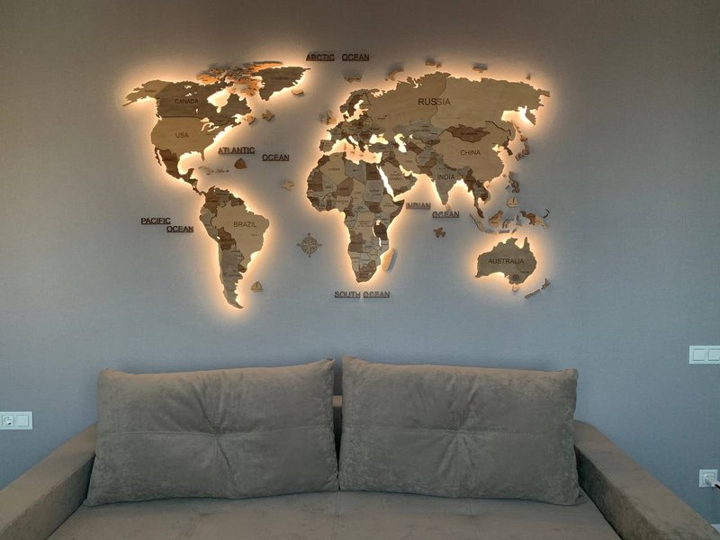 3D wood world map in natural shades Sustainable wall decor with LED - 壁貼/牆壁裝飾 - 木頭 多色