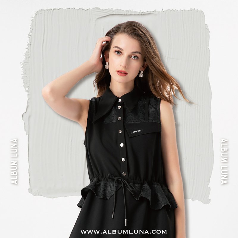 asymmetric vest cord-button dress - ชุดเดรส - ไฟเบอร์อื่นๆ สีดำ