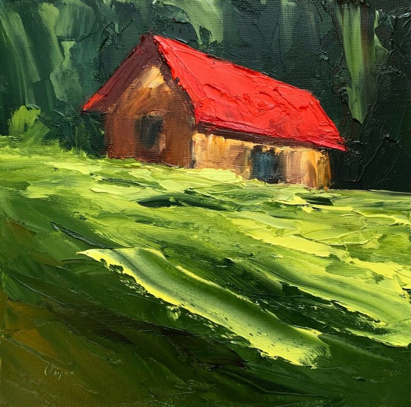 Original Oil Painting On Canvas Green Landscape House Painting Textured Impasto - ตกแต่งผนัง - ผ้าฝ้าย/ผ้าลินิน หลากหลายสี