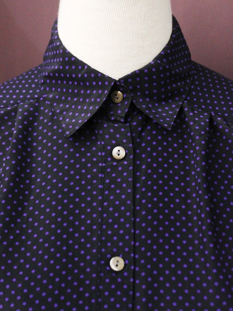 Vintage Japanese Simple Blue Purple Dotted Dark Blue Long Sleeve Vintage Shirt - เสื้อเชิ้ตผู้หญิง - เส้นใยสังเคราะห์ สีน้ำเงิน