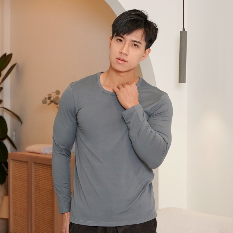 Men's lightweight brushed thermal clothing, sanitary clothing, brushed sweater, high elasticity, large U-neck, nine-quarter sleeves, men's gray - Other - Polyester 