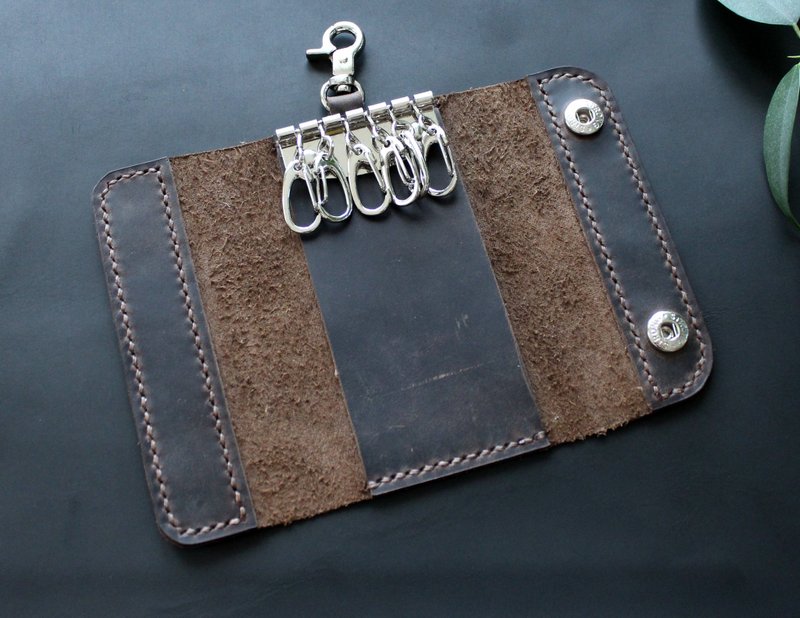 Real Leather key case, leather key wallet with hooks for 6 keys key chain - 鑰匙圈/鑰匙包 - 真皮 咖啡色
